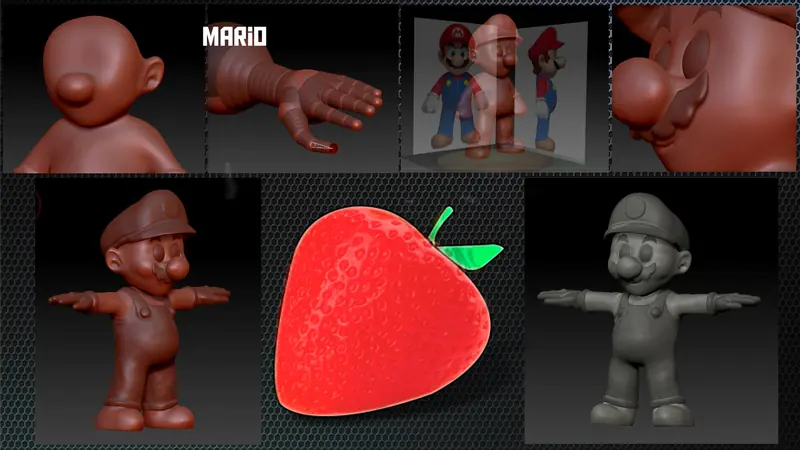 A 3D-sculpted character and strawberry model sheet